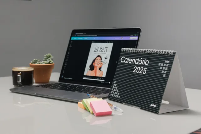 Modern office desk featuring a 2025 calendar, laptop, and coffee for a productive work environment. Sådan bruger du åbningstider til at planlægge kontakt til virksomheder
